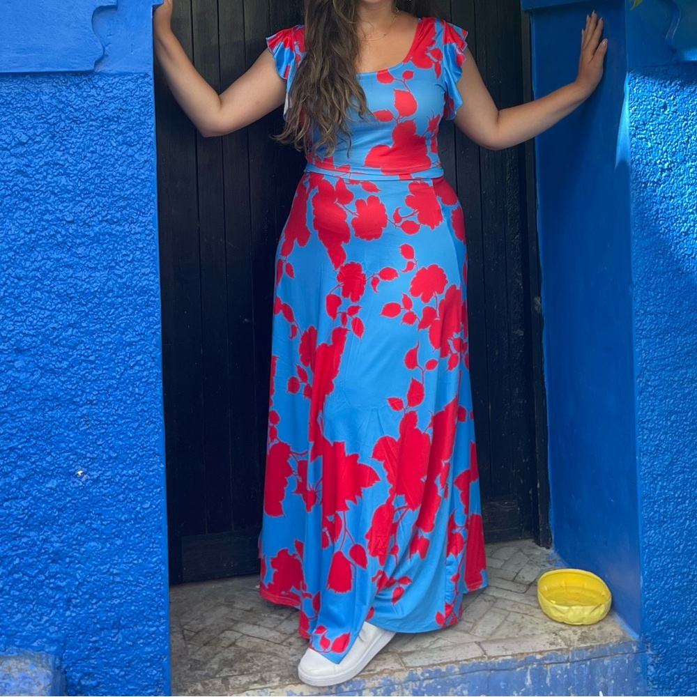 Vakkest Womens 2 Piece Ruffle Floral Tank Top Wrap Boho Tropical Long Skirt Set